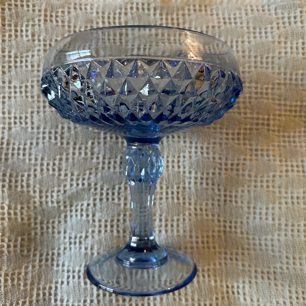 Indiana Glass Diamond Point Tall Footed Compote Bowl‎ In Regal Blue 7.5" tall.